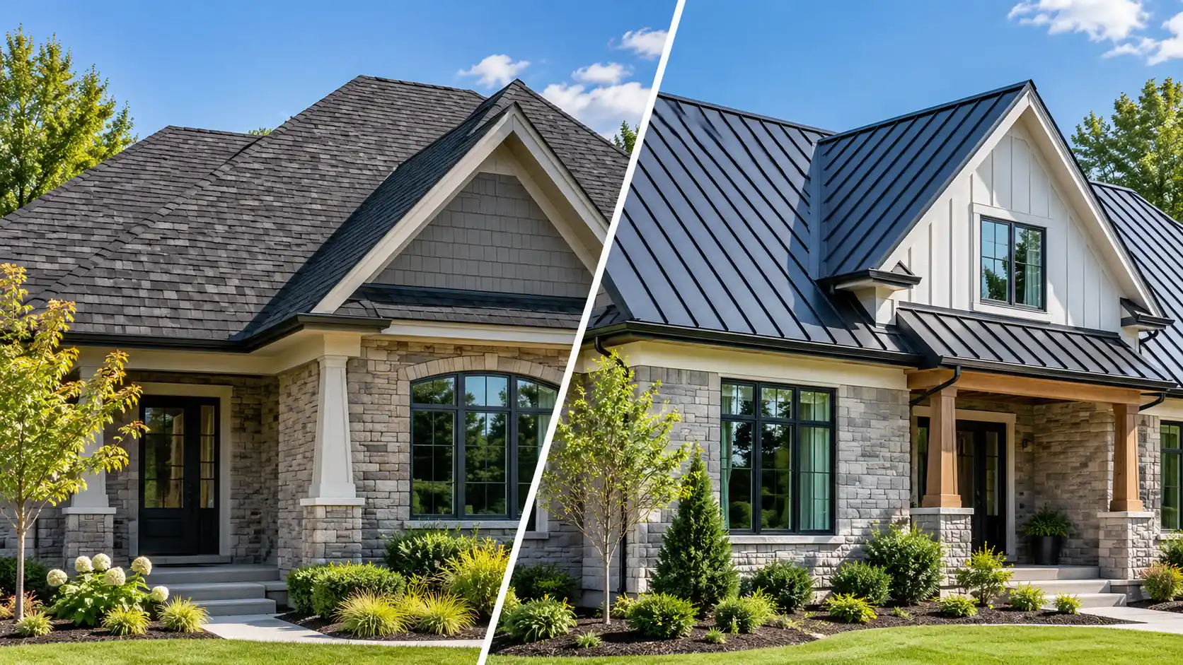 Side-by-side comparison of asphalt shingles vs metal roofing on residential homes, featuring gray architectural shingles and dark standing seam metal panels.