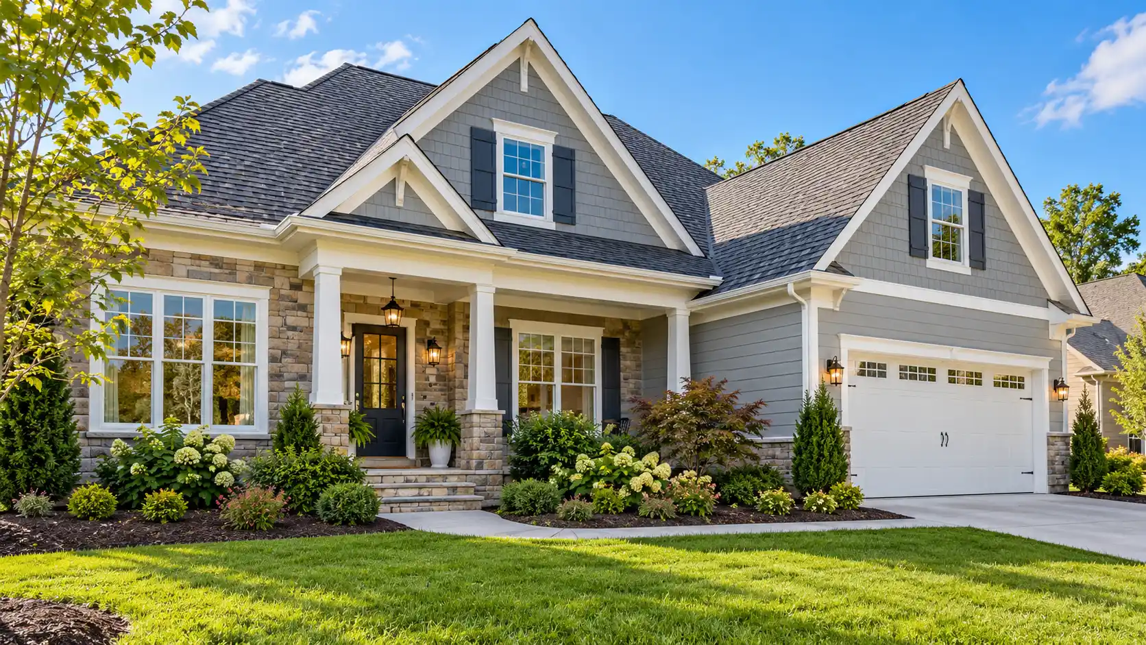 Beautiful home exterior featuring a modern shingle roof, updated siding, large windows, and landscaped front yard.