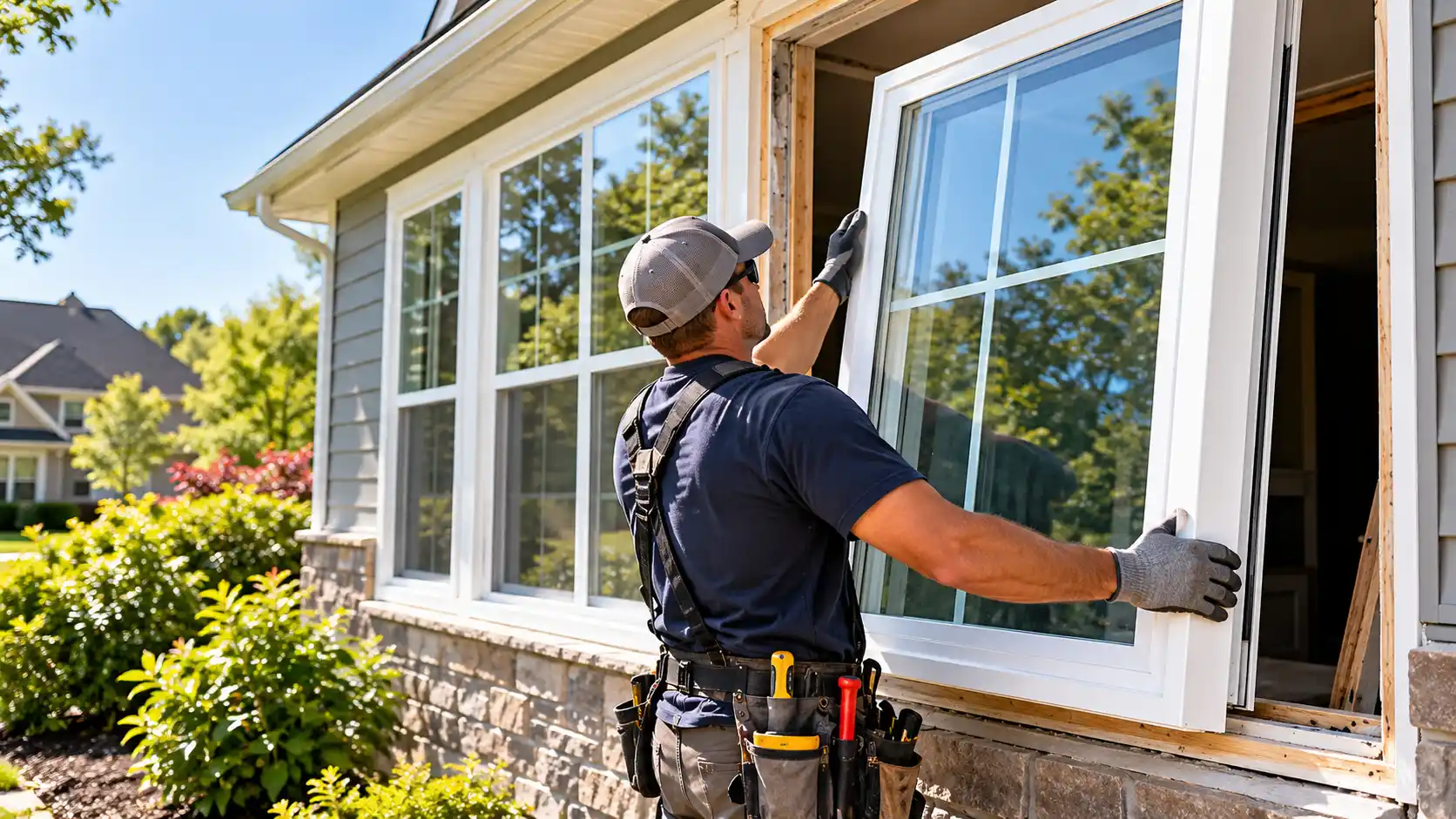 Window installer fitting a white replacement window into the exterior wall of a suburban home