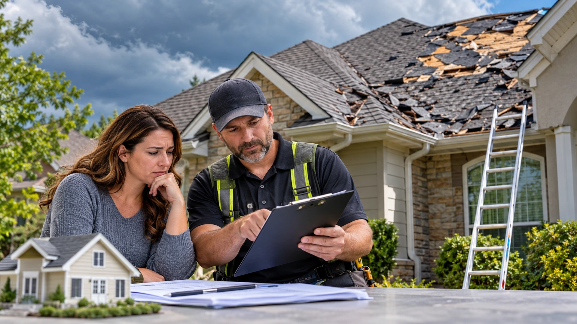 Homeowner reviewing roof claim paperwork and property details with a roofing professional