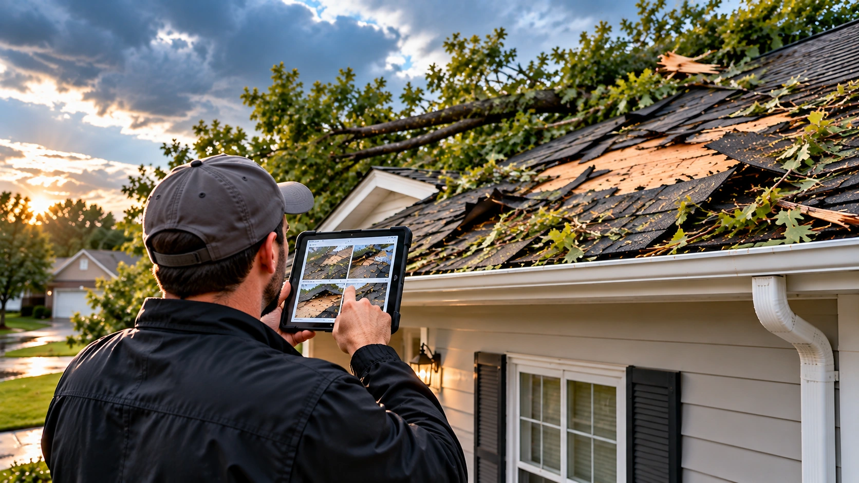 Roofing professional documenting storm damage at a residential home