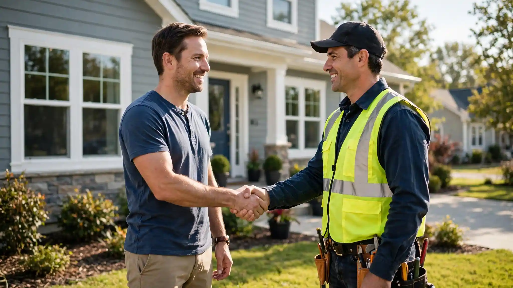 Homeowner shaking hands with a window contractor in front of a suburban home