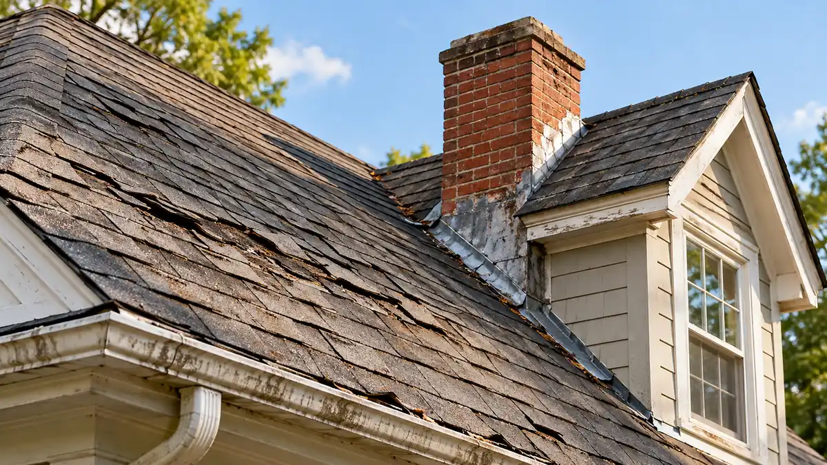 Older home roof with worn asphalt shingles, weathered chimney flashing, and stained gutters.