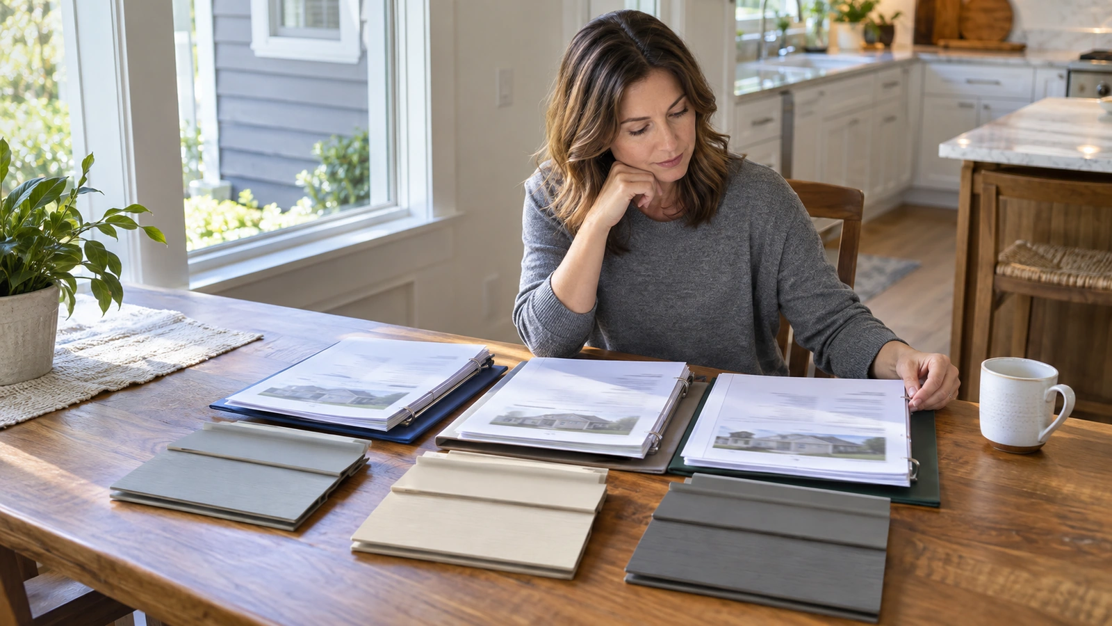 Homeowner comparing three contractor proposal folders with siding samples at a kitchen table