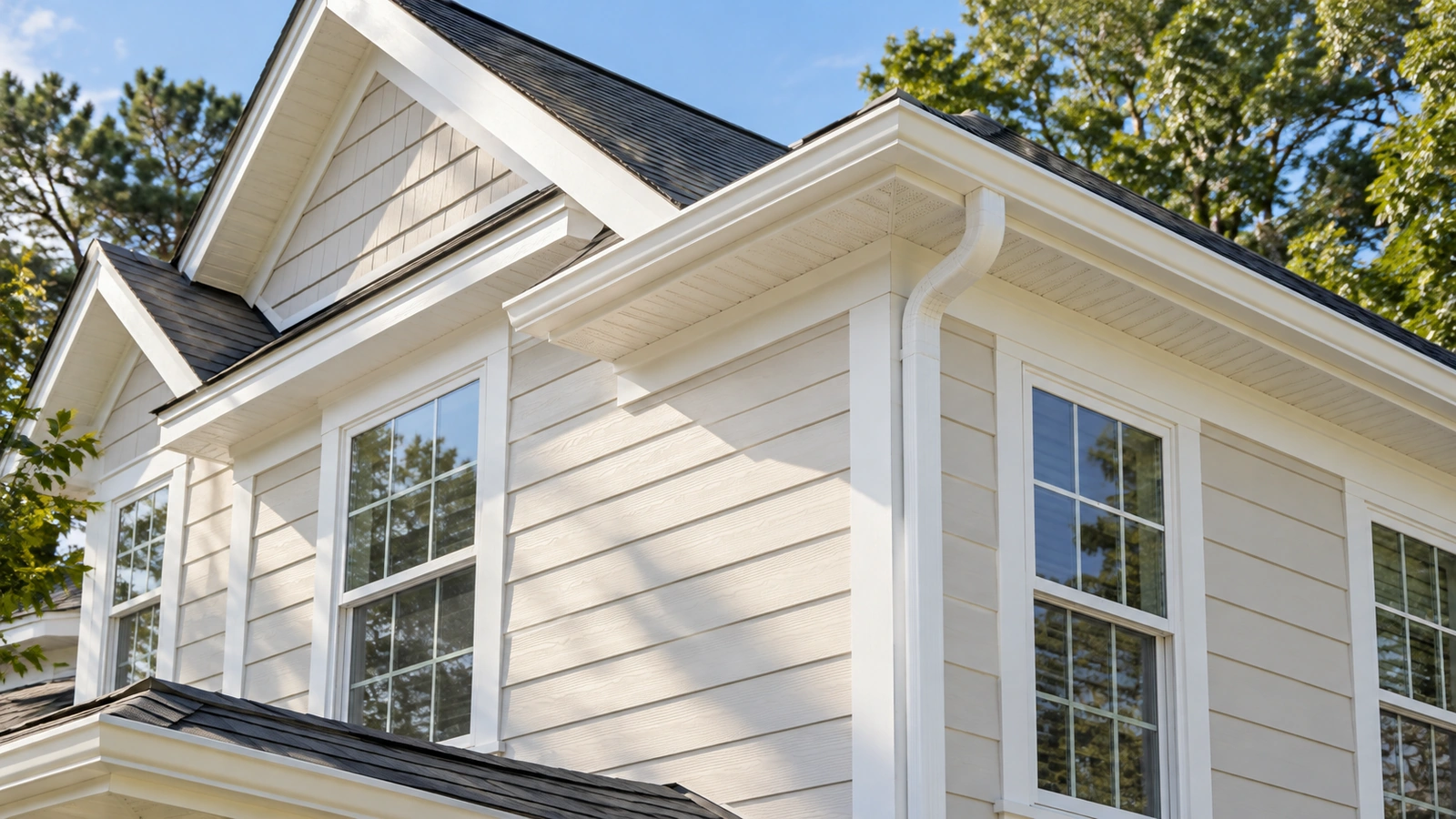 Cream siding, white window trim, gutters, soffits, and a dark shingle roof on a house