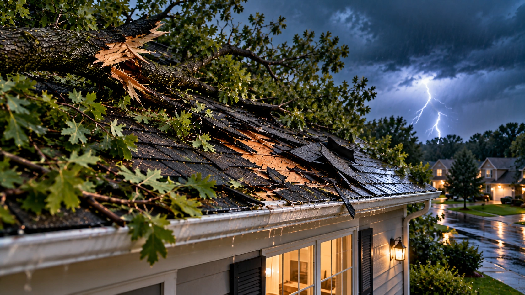 Roofer photographing storm damage on a residential roof with a tablet