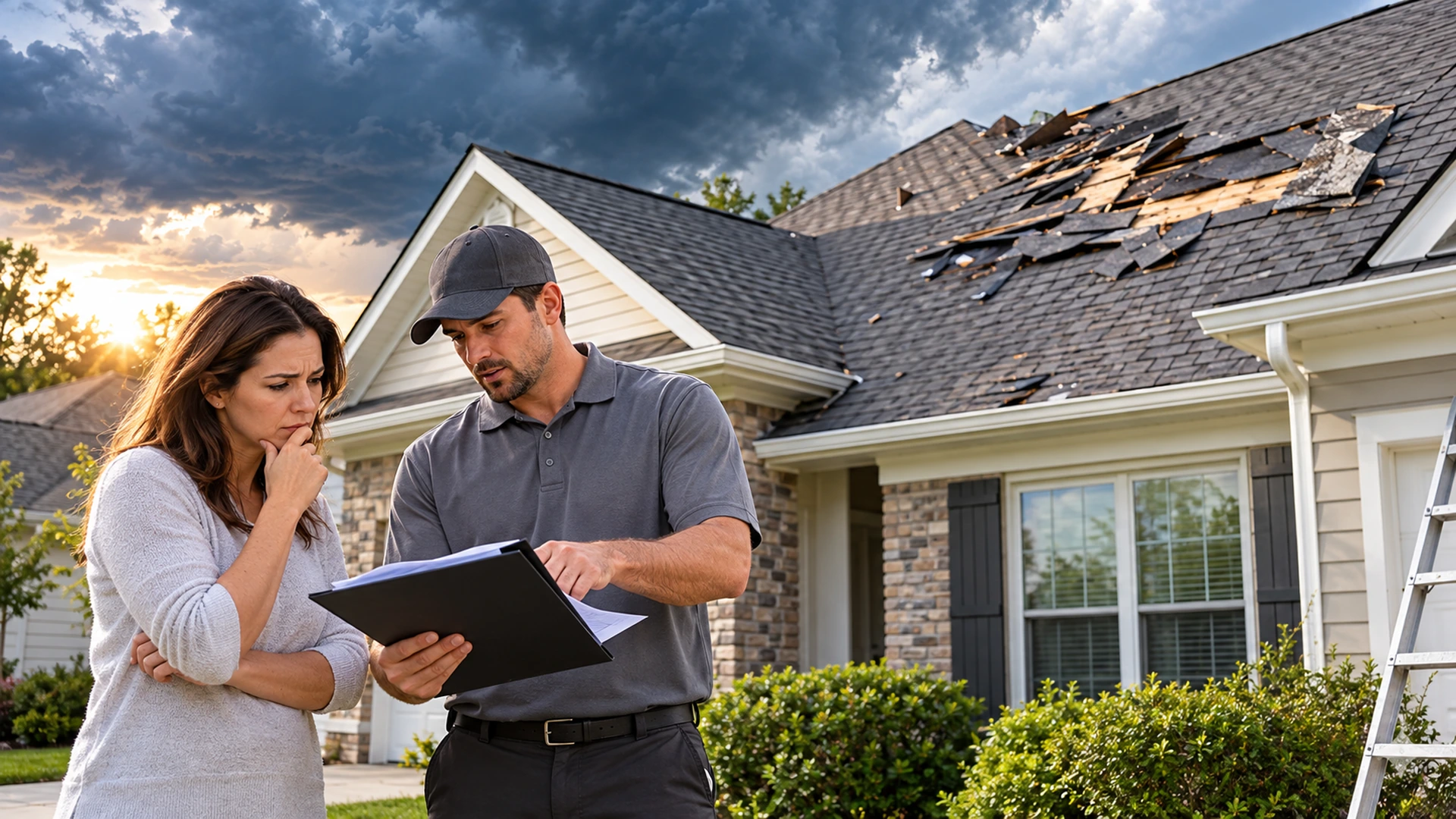 Homeowner reviewing storm-damaged roof conditions with a roofing professional after severe weather