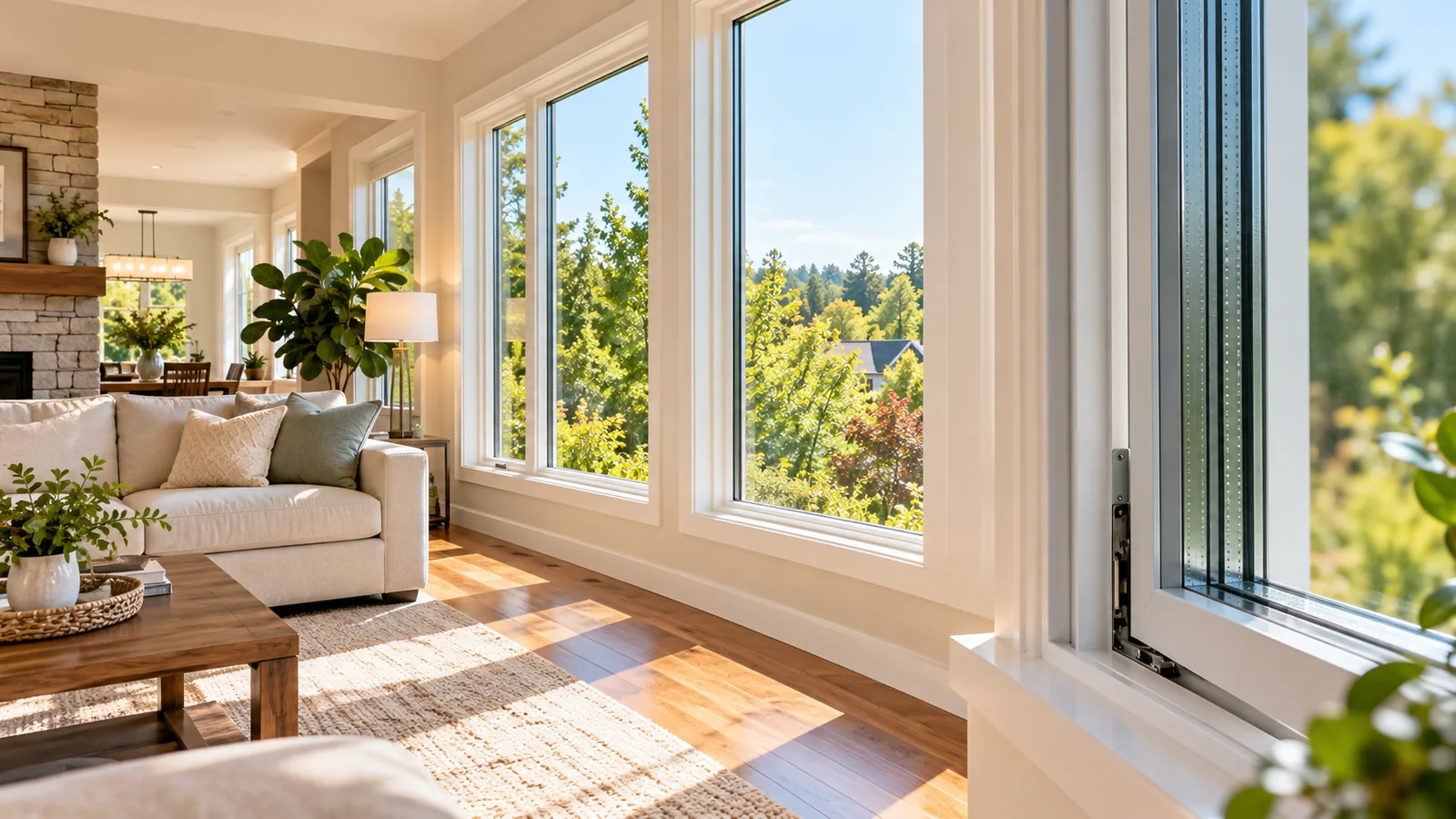 Bright living room with large insulated windows and visible double-pane glazing