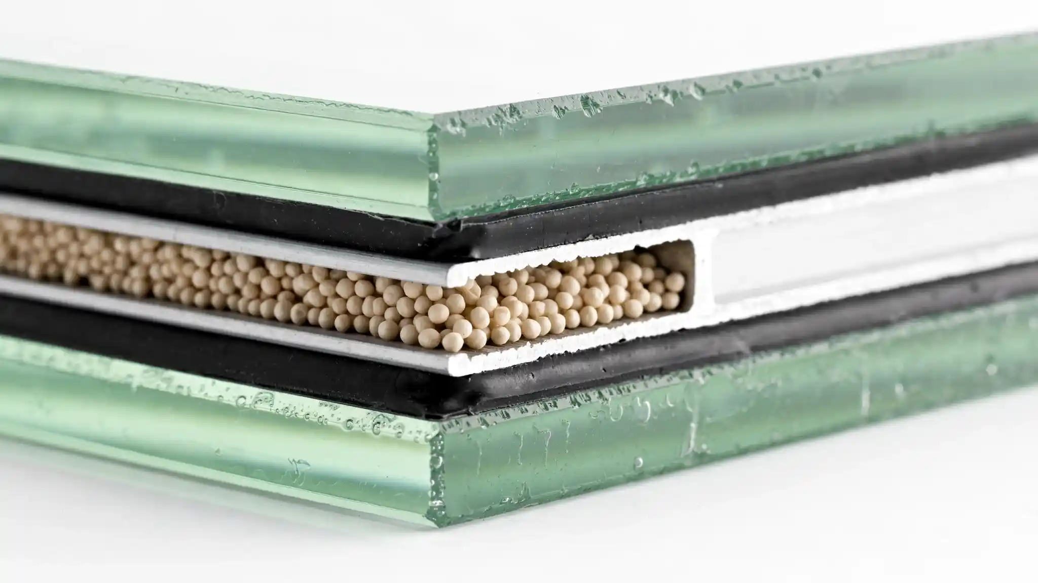 Close-up cross-section of double-pane energy efficient window glass