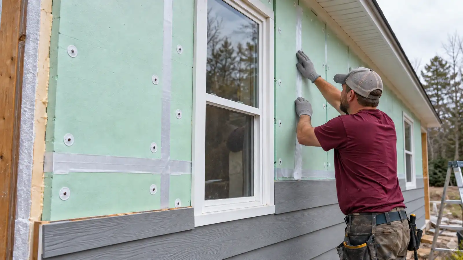 Installer pressing tape over an exterior insulation seam beside a window above partially installed siding.