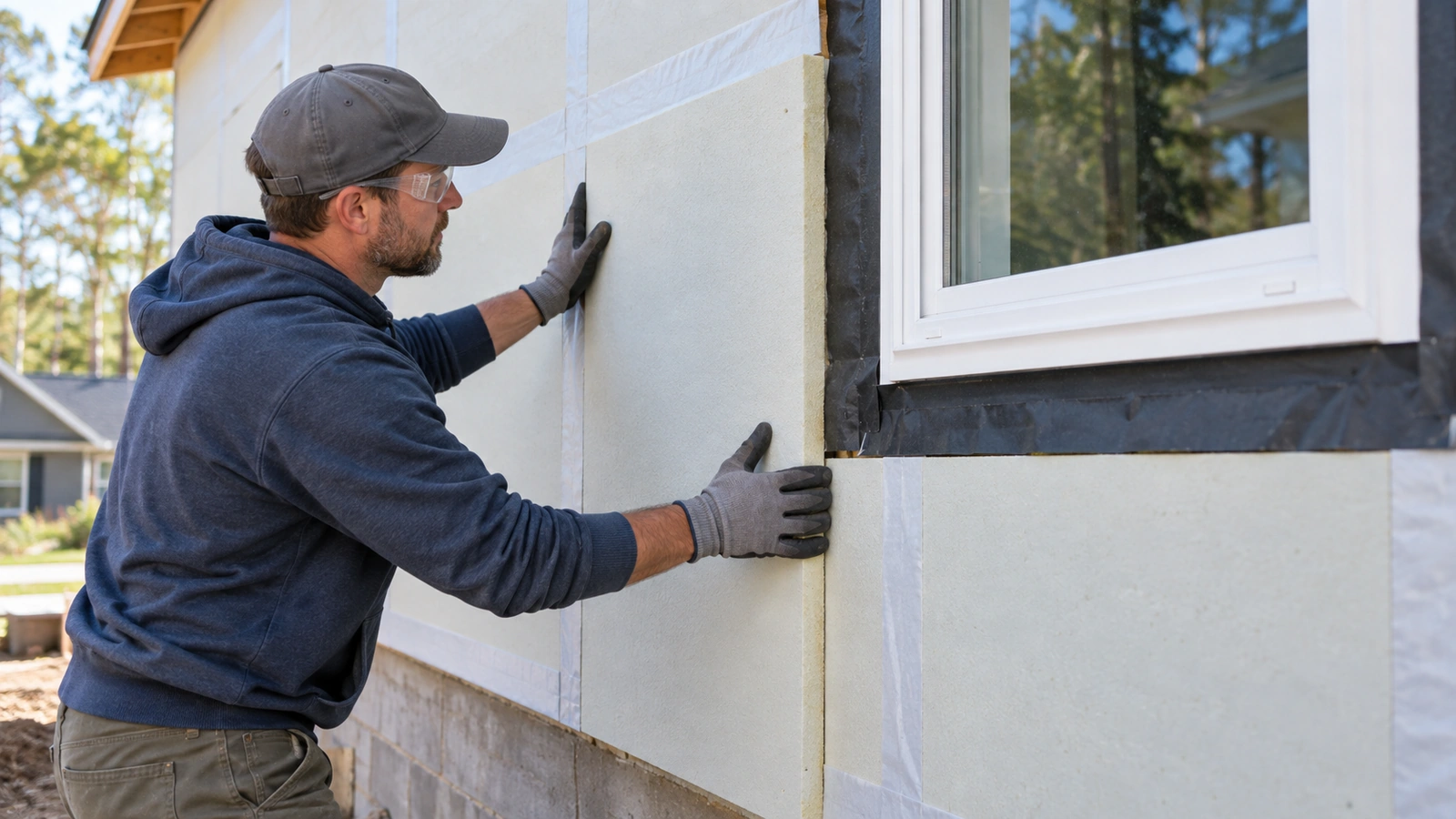 Installer positioning an exterior insulation board beside a white-framed window