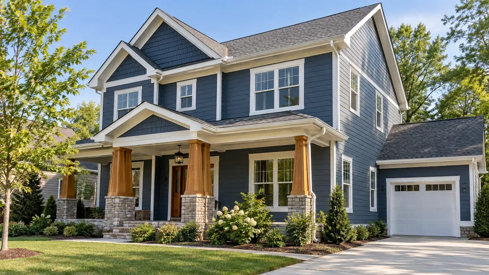 Blue home with horizontal lap siding, shingle-style gables, white trim and wood porch columns.