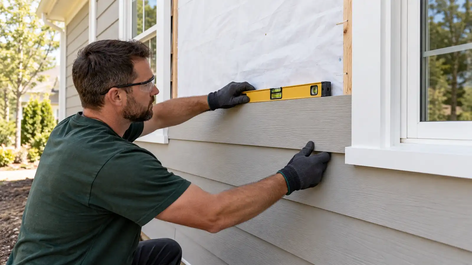 Installer checking a lap siding board with a spirit level beside white window trim.
