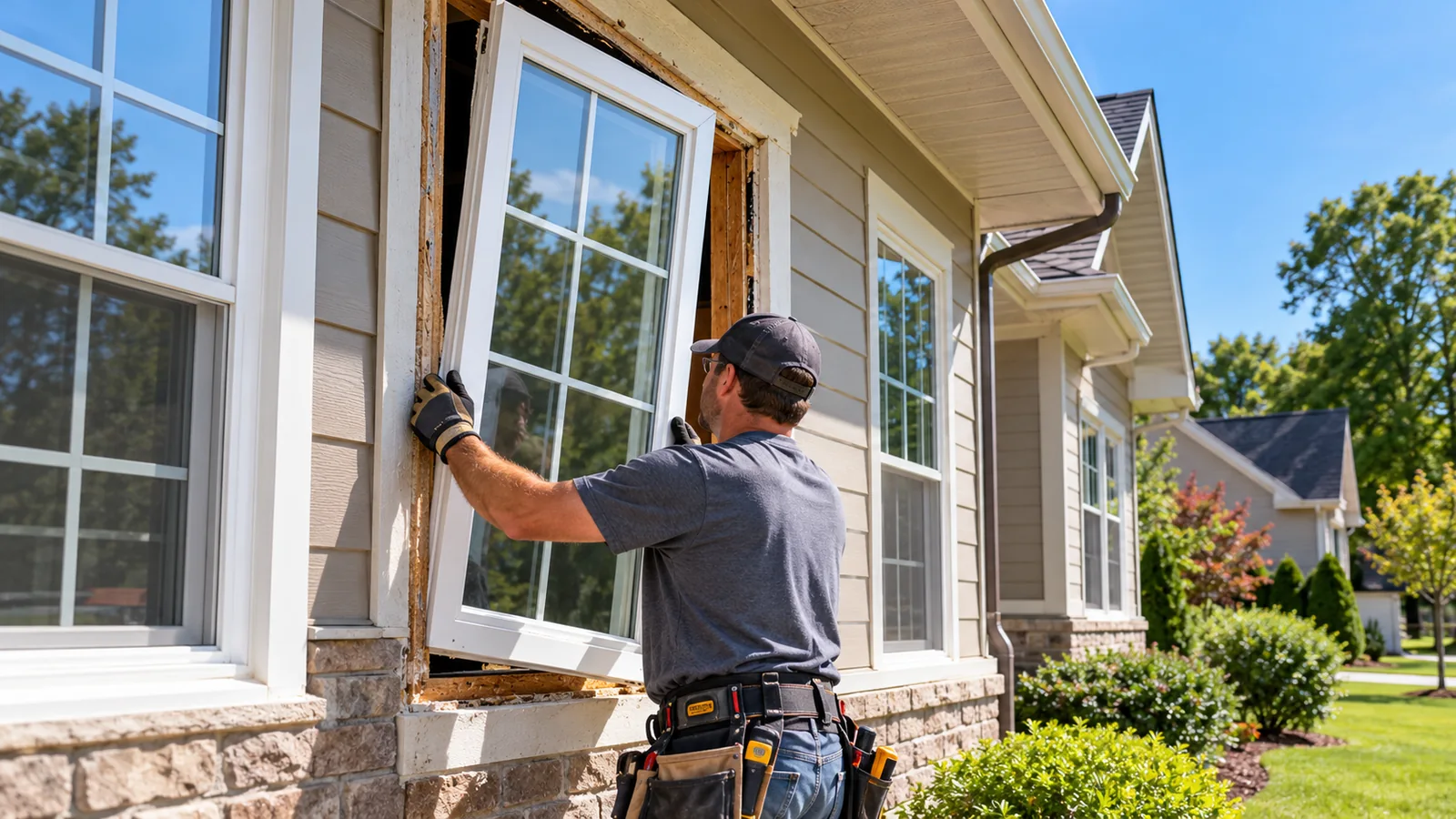 Installer fitting a new window into an exposed residential wall opening