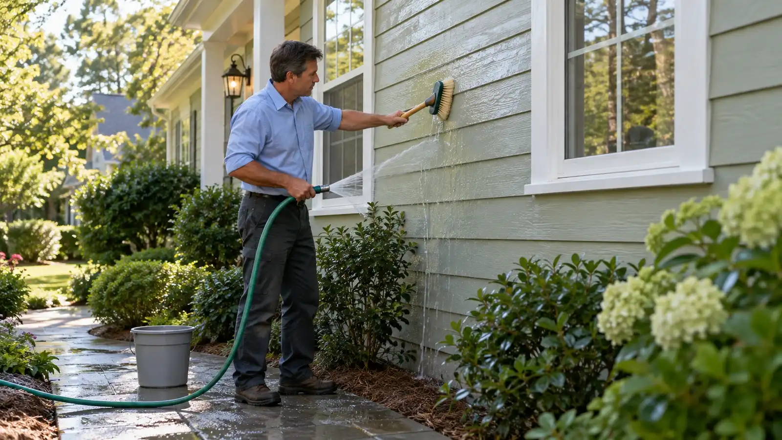 Homeowner cleaning pale green siding with a soft brush and a gentle garden-hose spray.