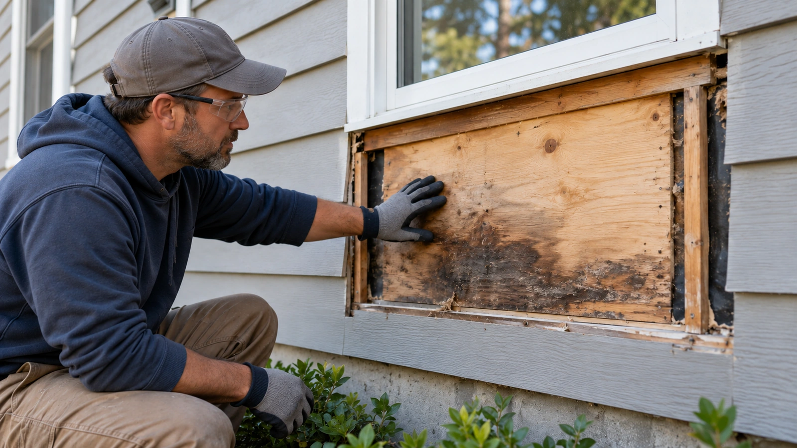 Contractor inspecting moisture-damaged sheathing beneath a residential window