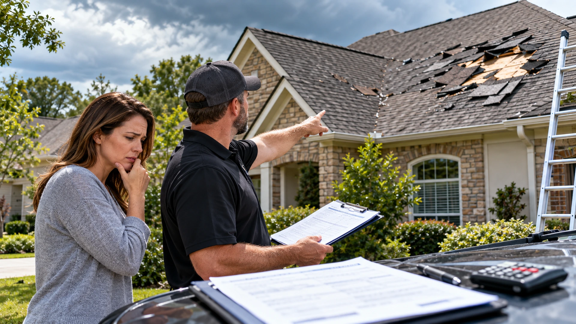 Roofing professional pointing out storm damage while a homeowner reviews claim paperwork