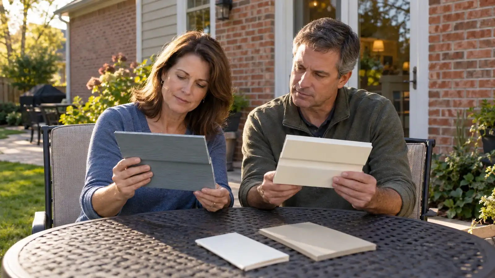 Homeowner couple comparing blue-gray and cream siding samples at a patio table.