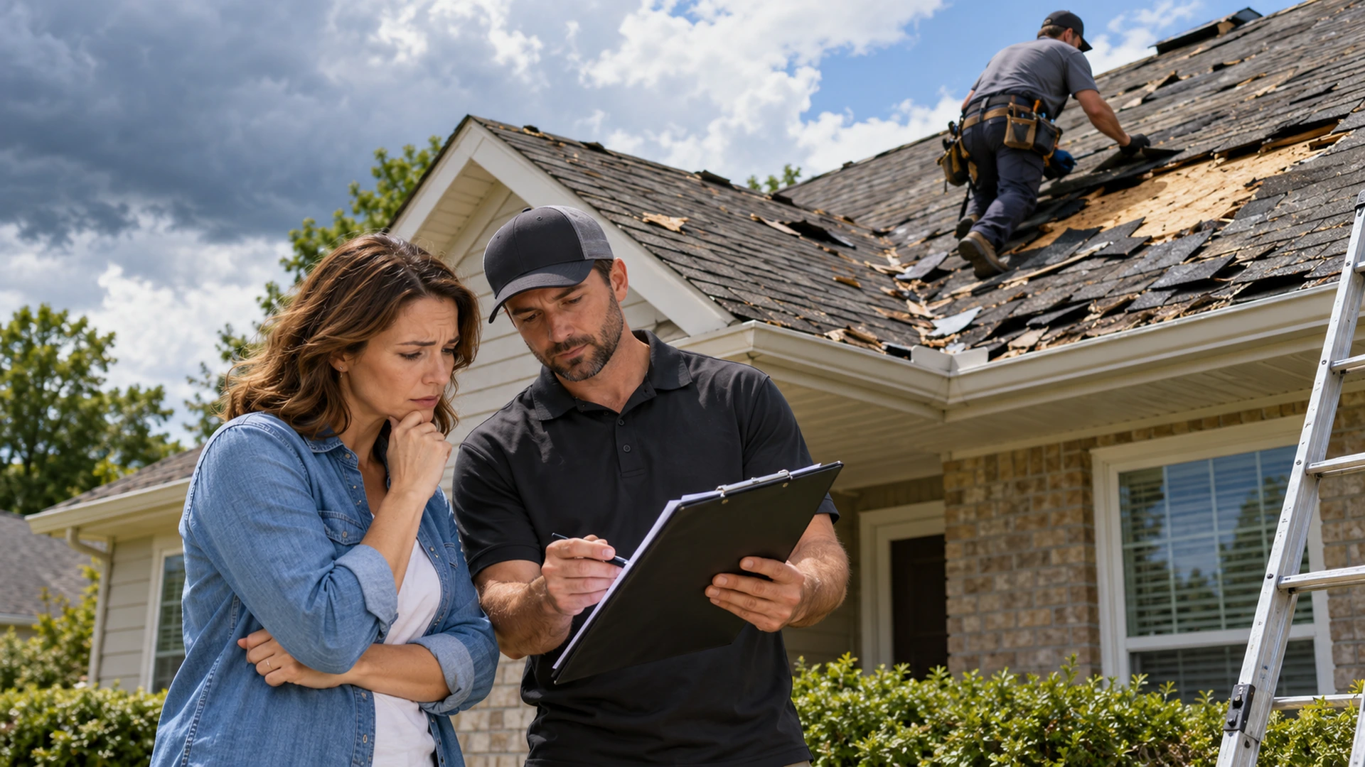 Roofing worker repairing a heavily damaged residential roof while the homeowner reviews the project