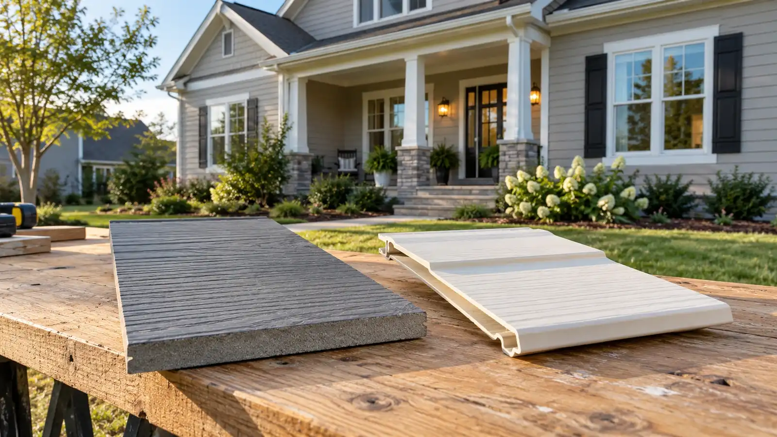 Gray fiber cement and ivory vinyl siding samples on a workbench outside a house.