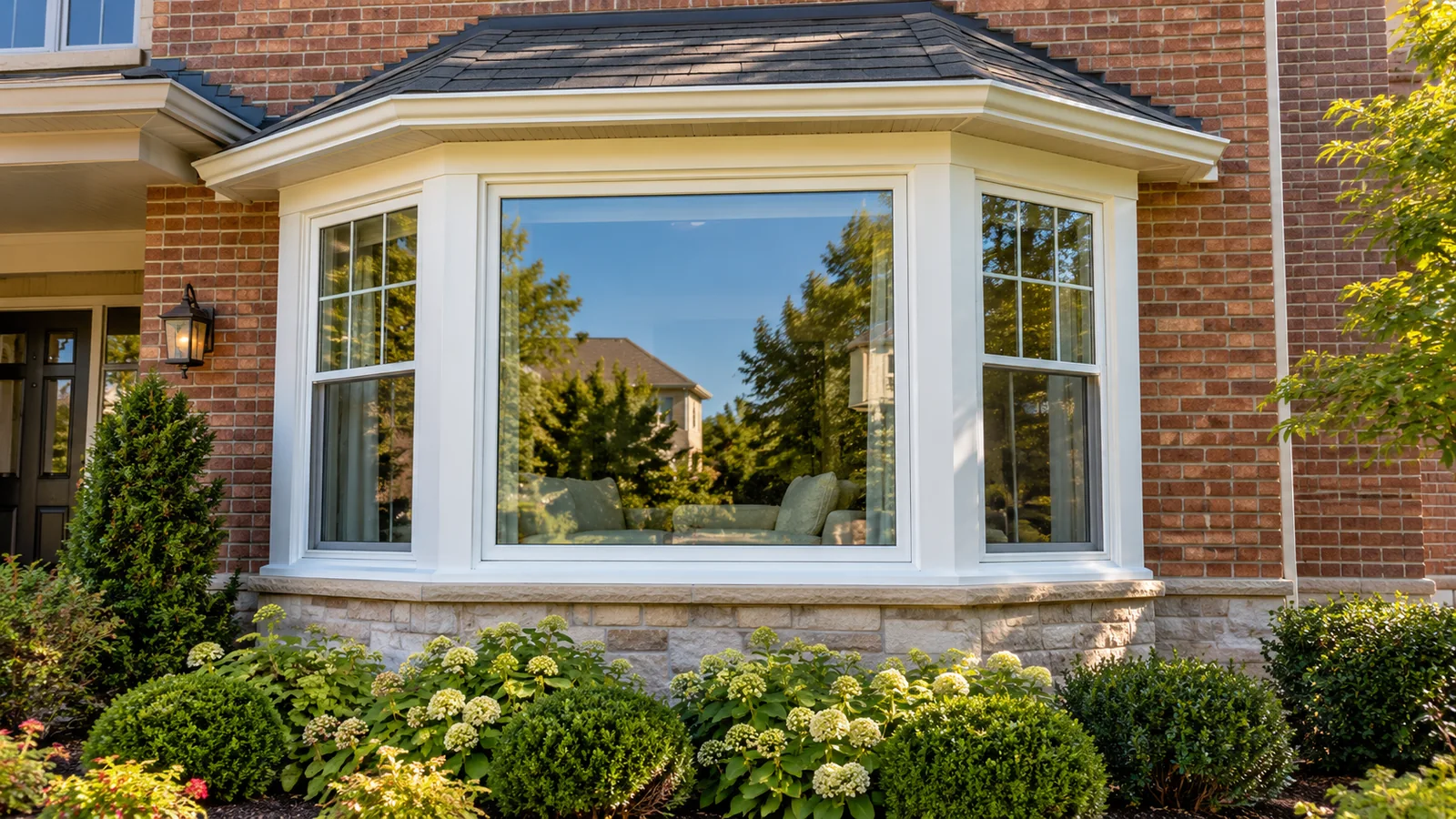 Large projecting bay window on a traditional brick suburban home