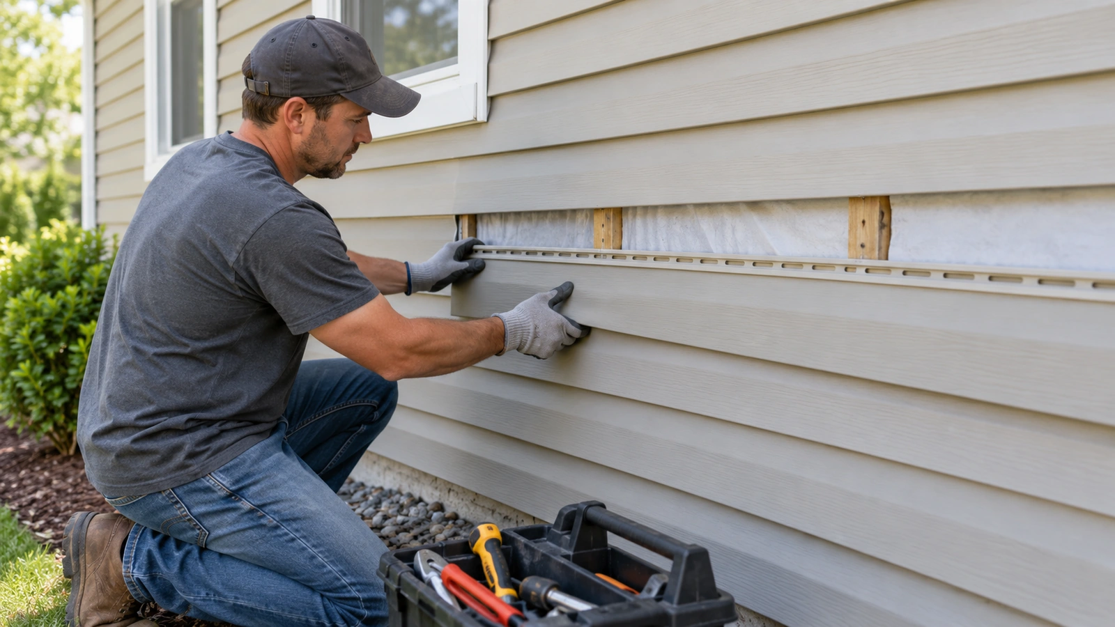 Siding professional fitting a replacement panel into an isolated section of a house wall