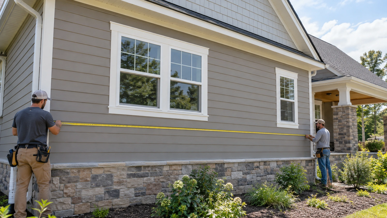 Two contractors measuring a home's exterior wall beneath white framed windows
