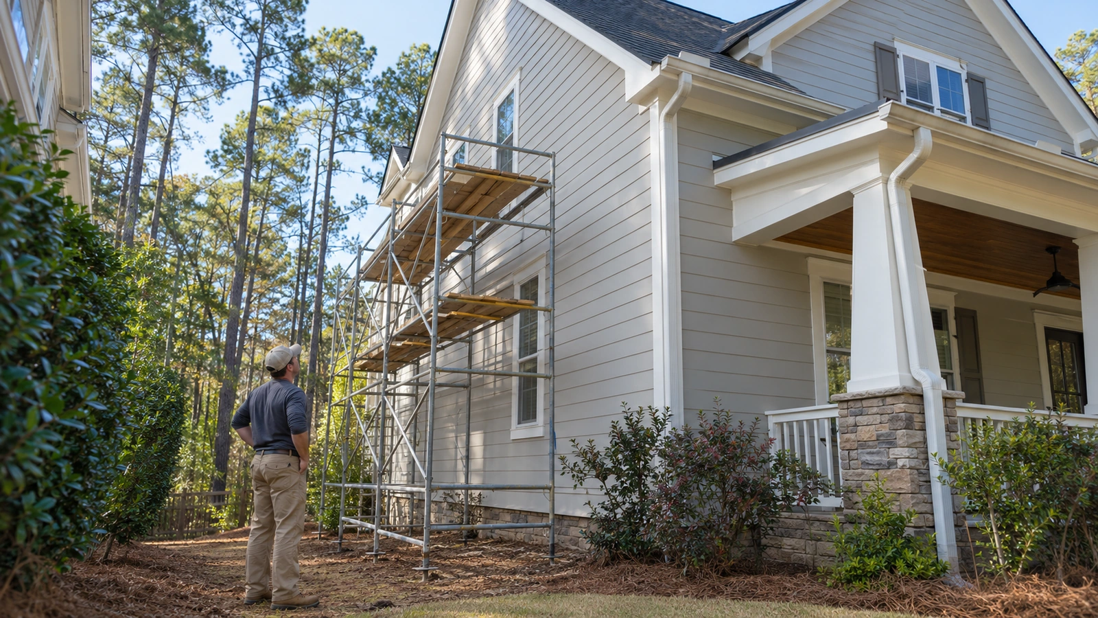 Contractor assessing a two-story house with scaffolding in a narrow side yard