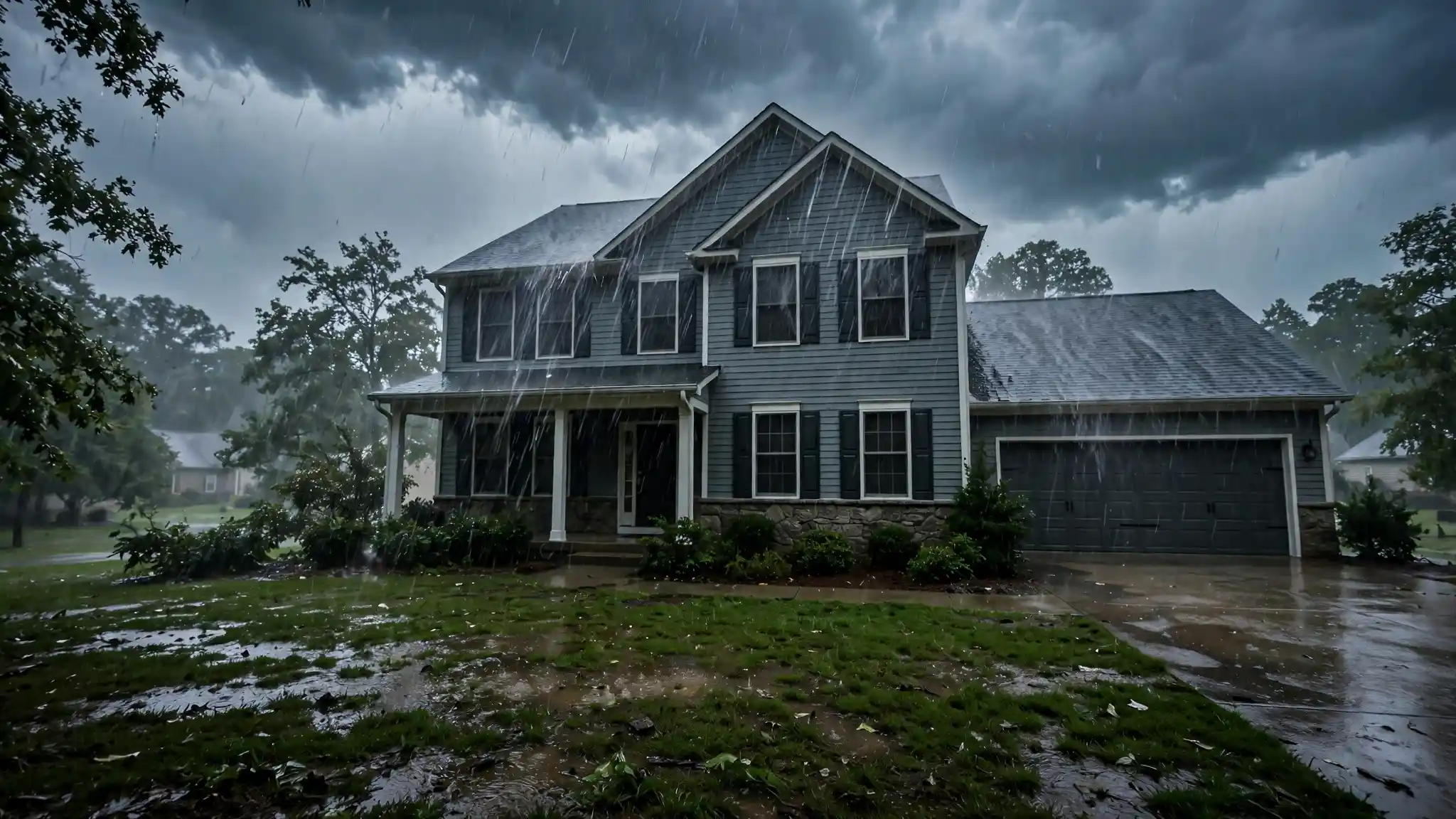 North Carolina house exterior in a heavy rainstorm with rain streaking down windows