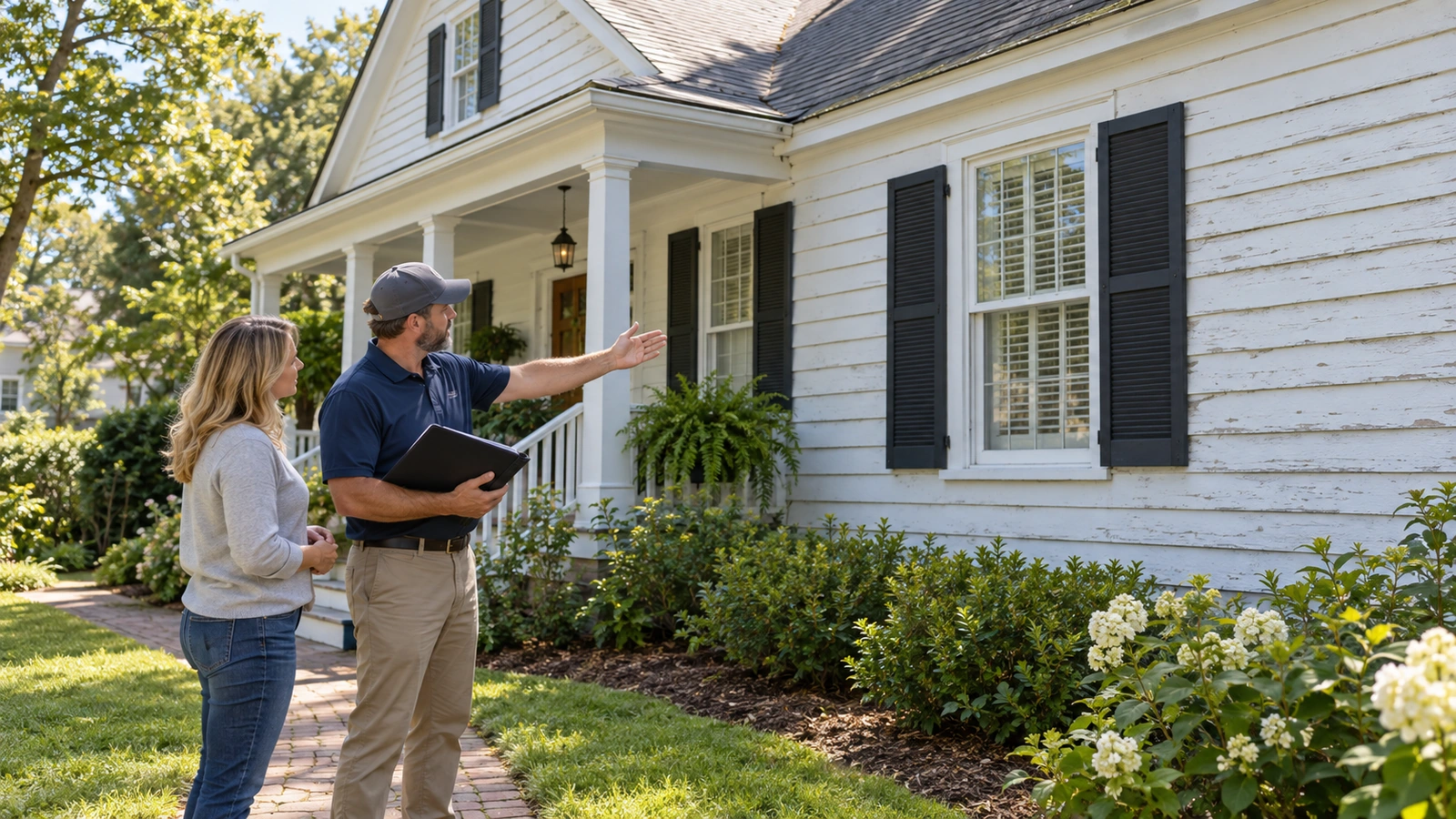 Contractor holding a project folder and discussing weathered white siding with a homeowner