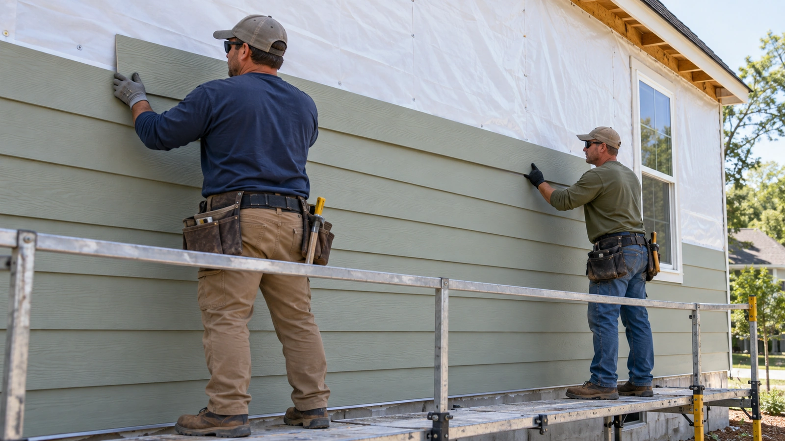 Two installers positioning a long horizontal siding plank from a guarded work platform