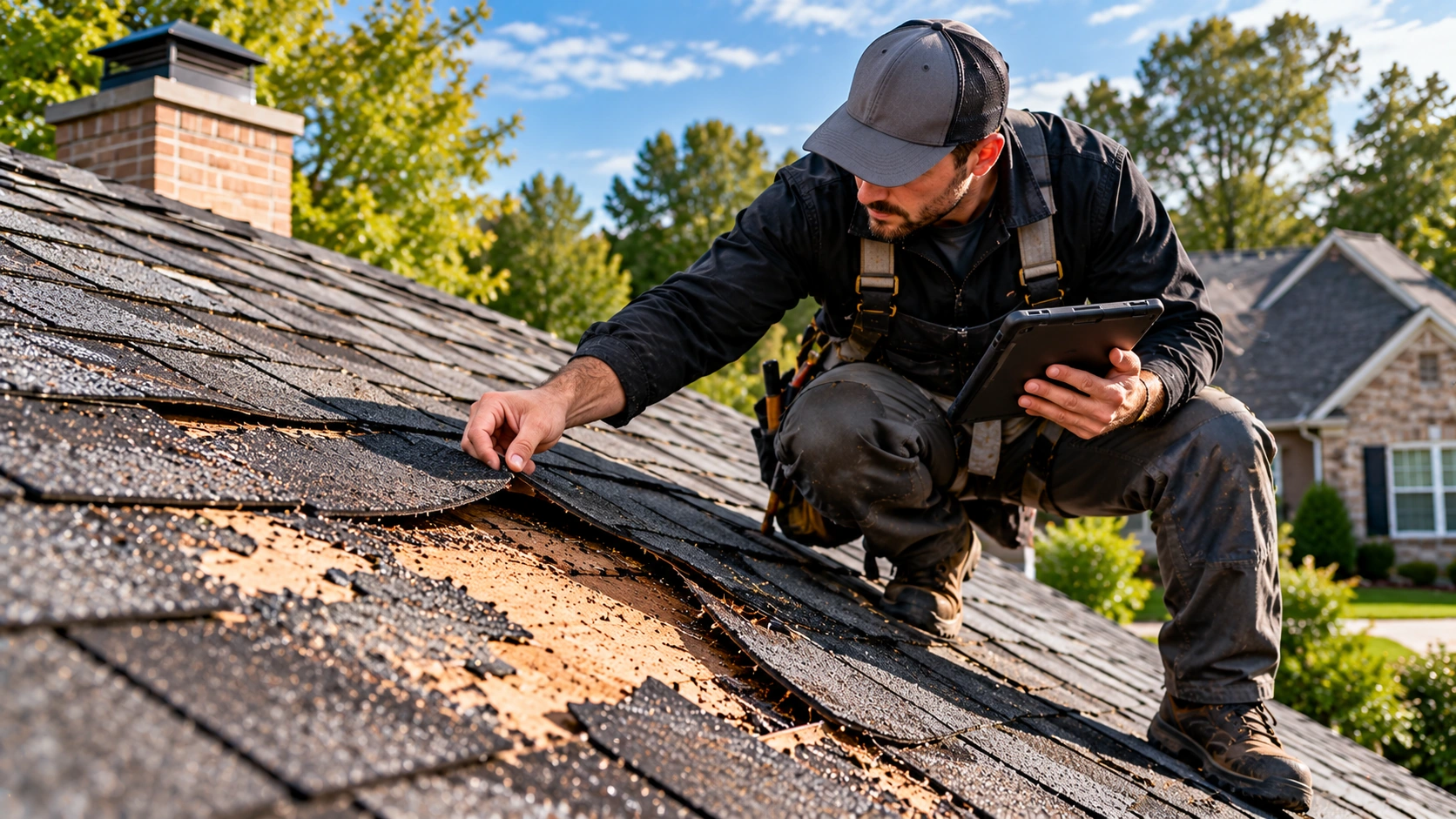 Roofer installing new asphalt shingles on a residential roof