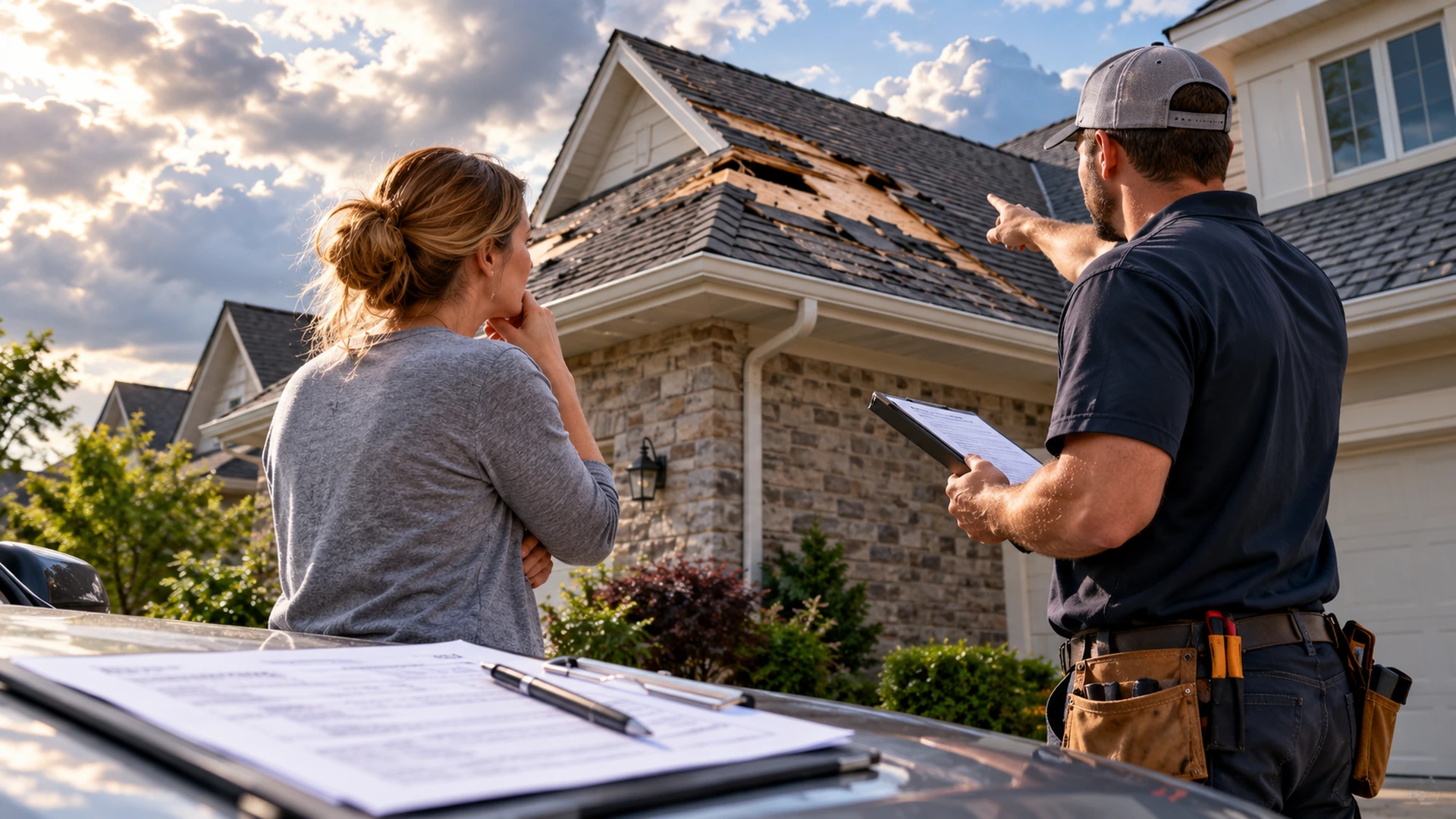 Homeowner and roofing contractor examining extensive shingle and roof deck damage on a house
