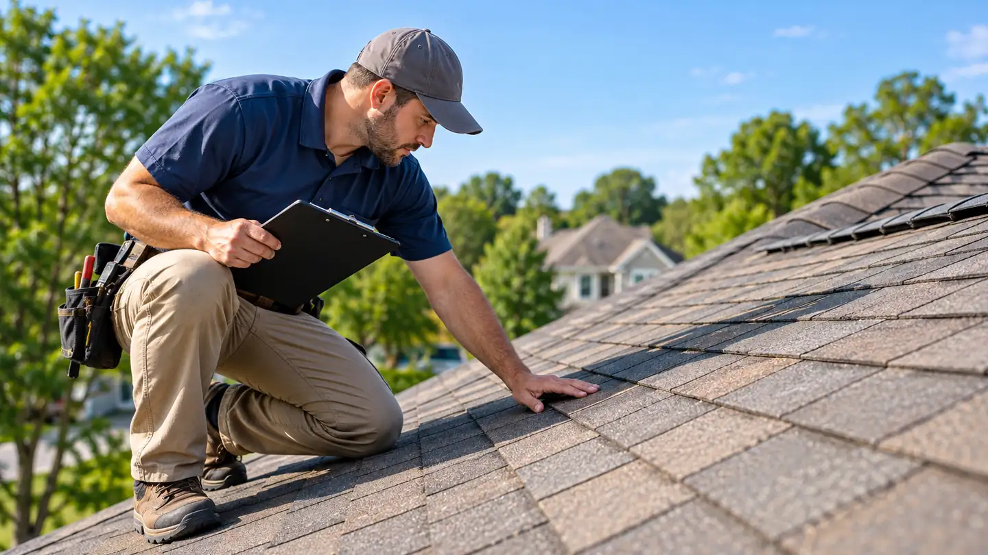 Professional roofing contractor inspecting asphalt shingles on a residential roof.
