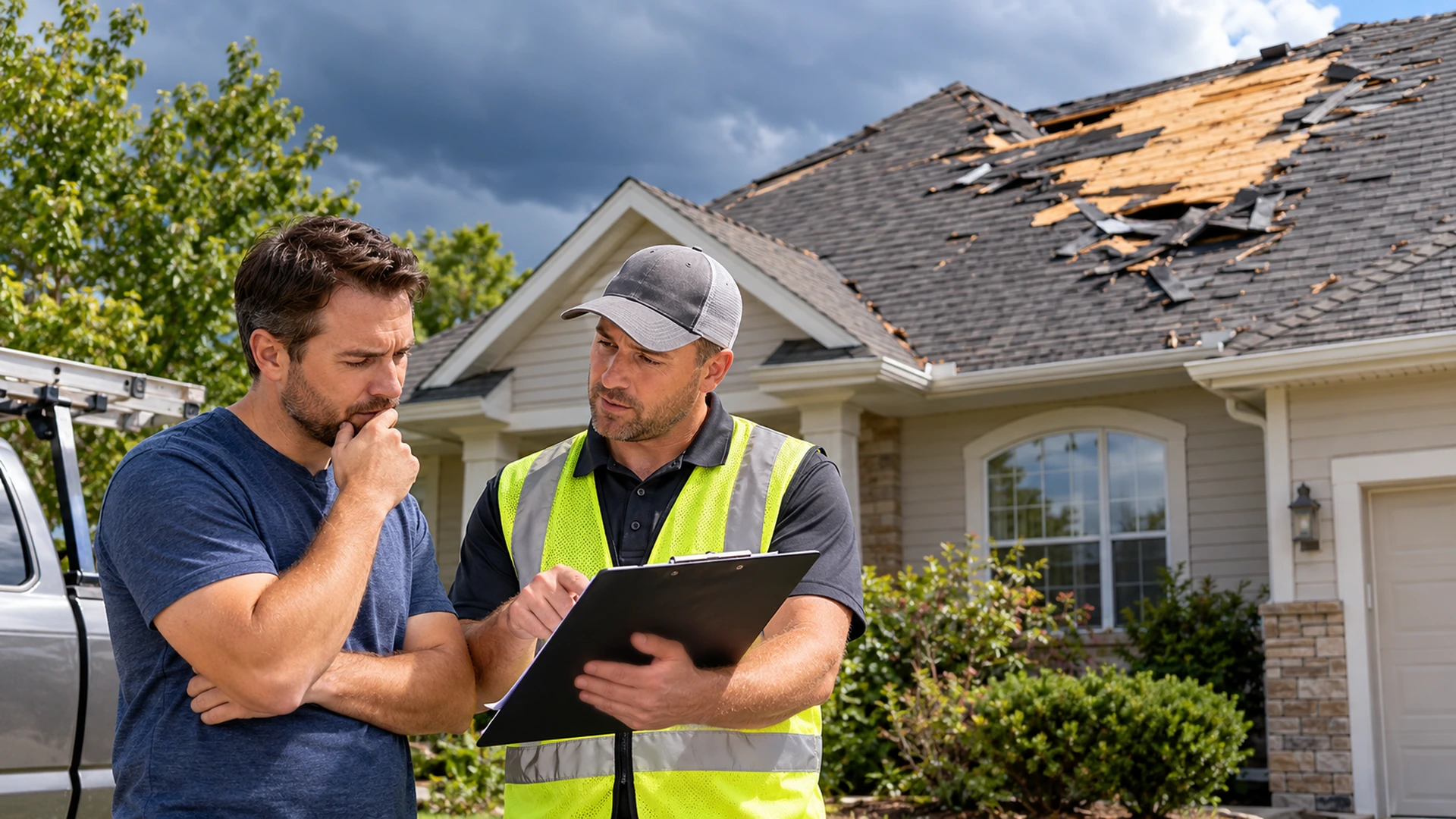 Concerned homeowner reviewing roof damage paperwork with a contractor after a storm