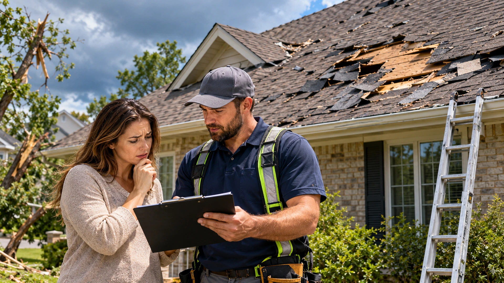 Homeowner and roofing inspector reviewing roof damage documentation during an insurance claim