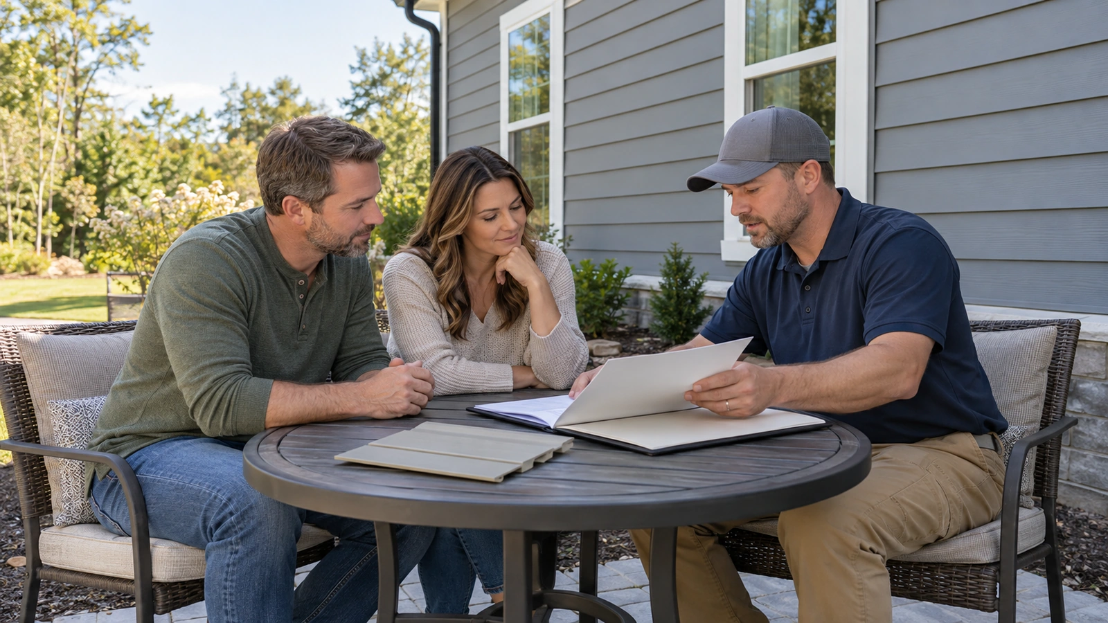 Homeowners reviewing a document folder with a contractor at an outdoor table beside gray siding