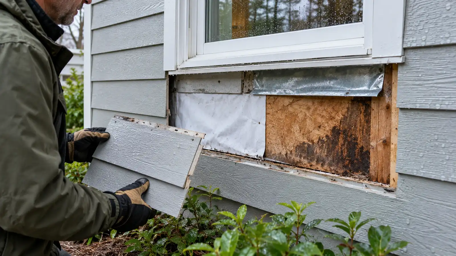 Contractor inspecting moisture-stained sheathing and exposed flashing beneath a window.