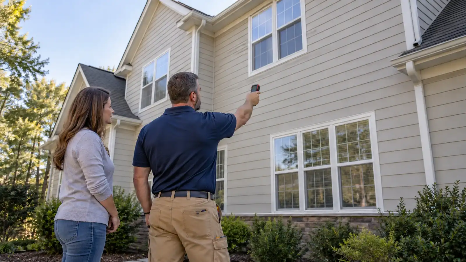Contractor using a handheld measuring tool beside a beige house while a homeowner watches.