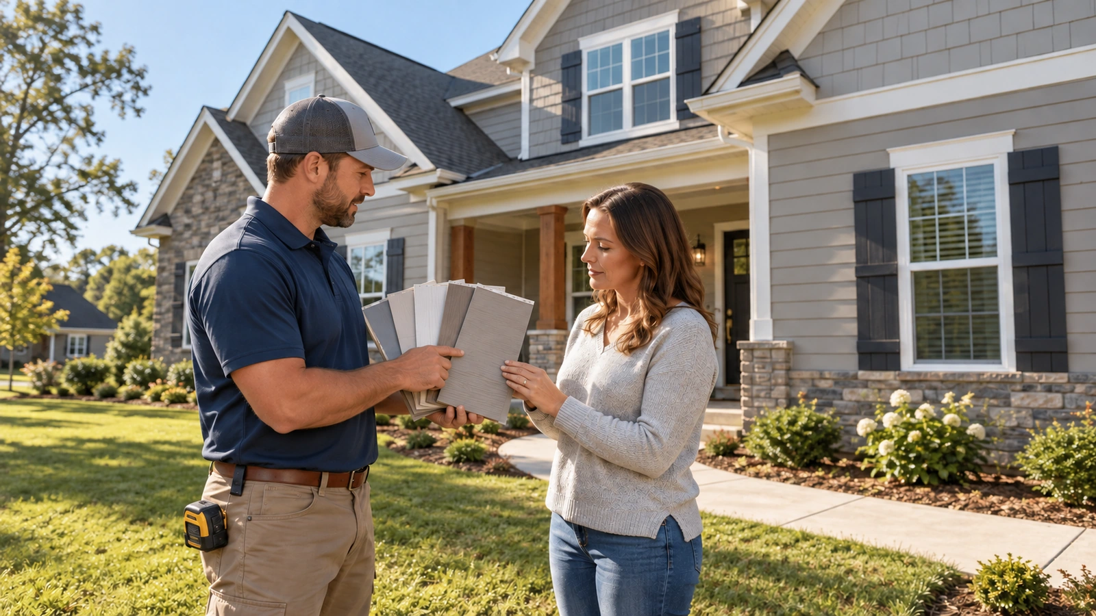 Contractor and homeowner comparing siding samples outside a suburban house