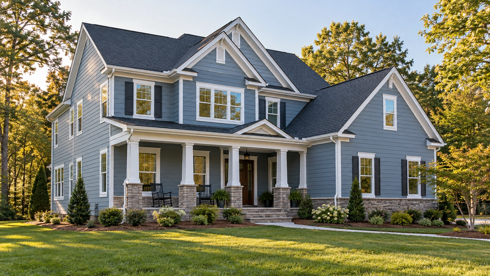 Two-story home with blue horizontal siding, white trim, a covered porch, and landscaped lawn