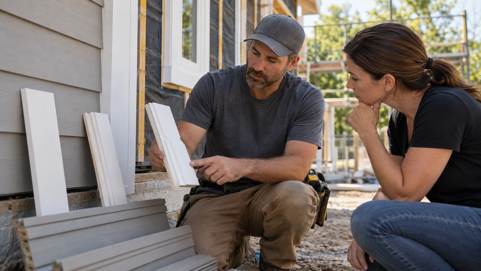 Contractor showing flat and decorative trim samples to a homeowner beside a siding project