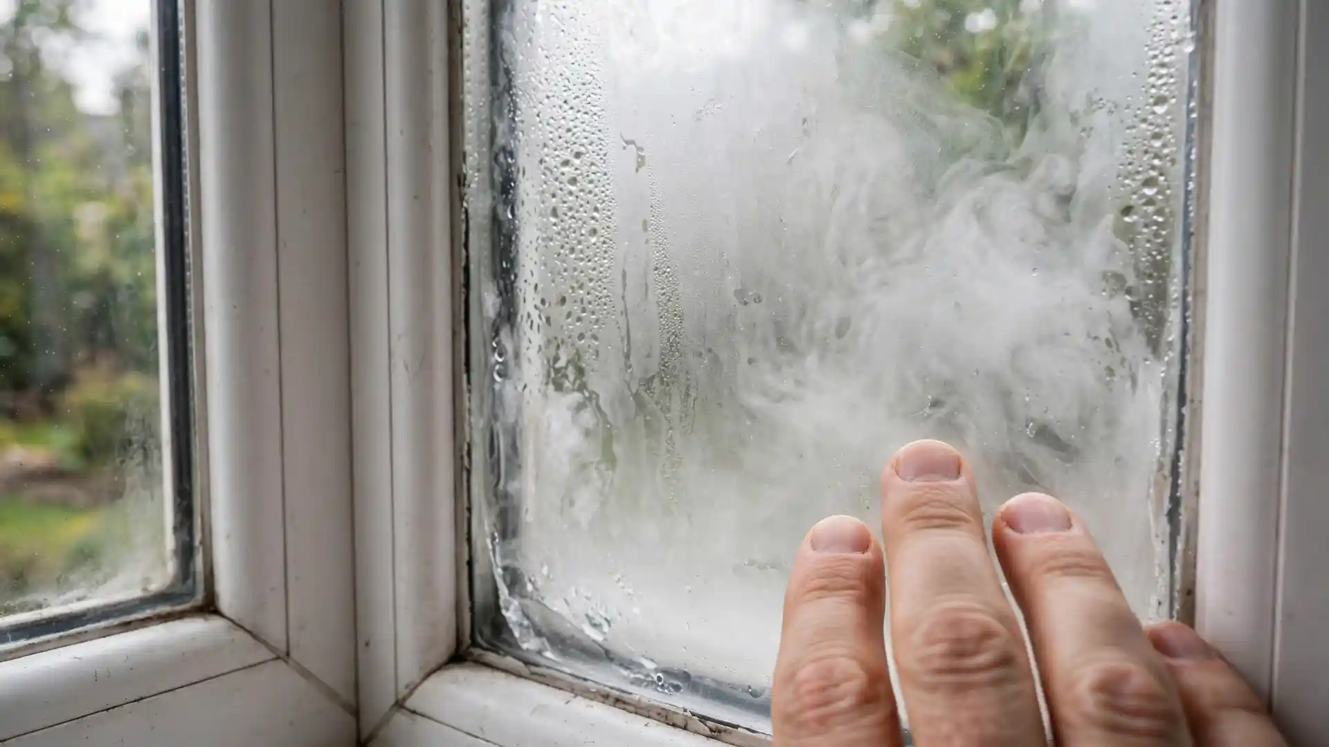 Foggy window with condensation trapped between panes showing seal failure