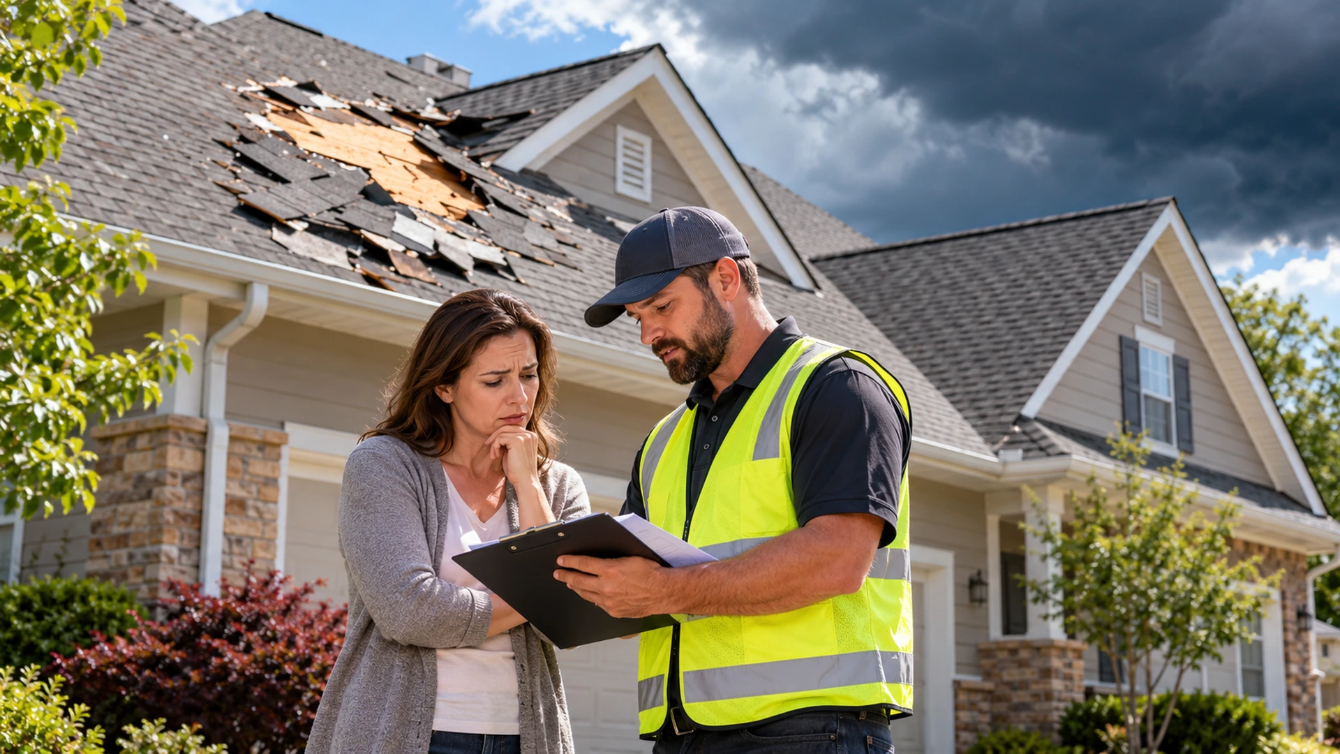 Homeowner documenting storm-damaged shingles with a roofing professional after severe weather