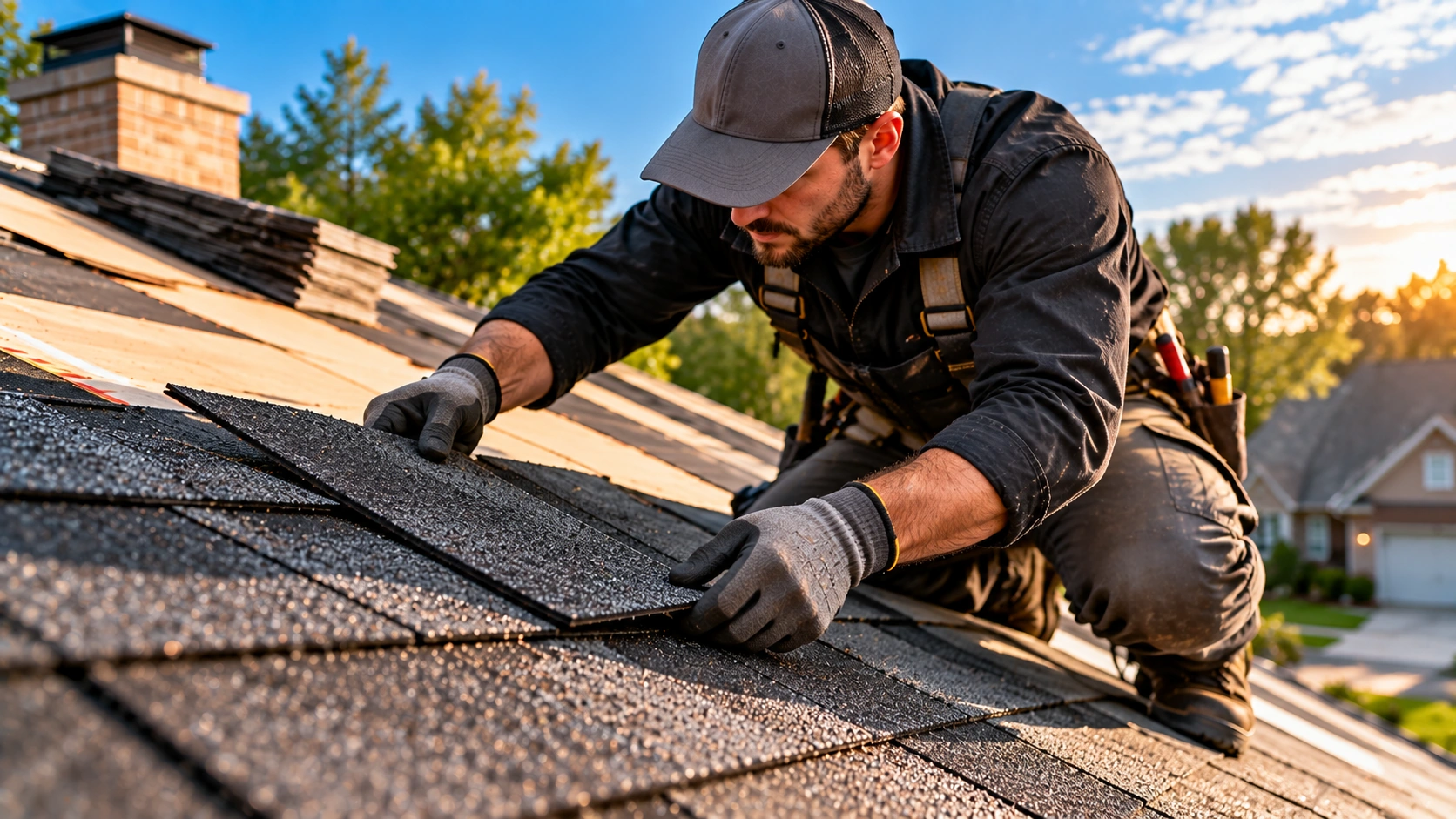 Professional roofer inspecting damaged shingles on a residential property