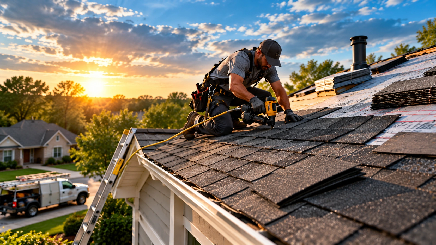 Roofer examining damaged shingles and exposed roof decking after a storm