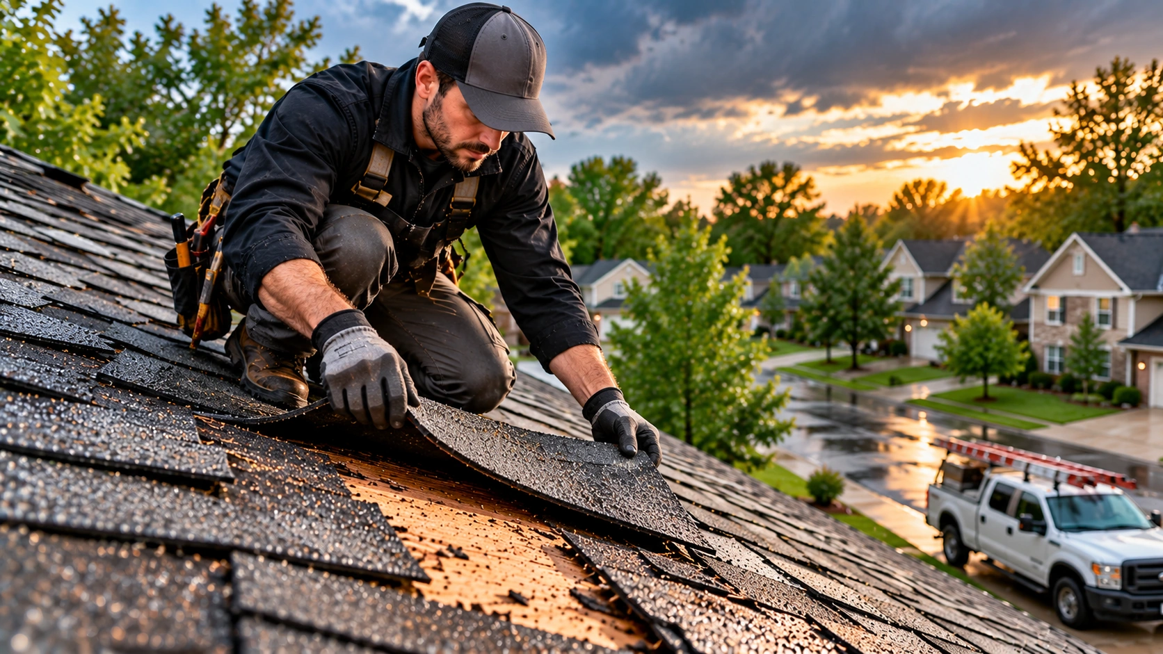 Roofer inspecting a residential exterior after storm damage