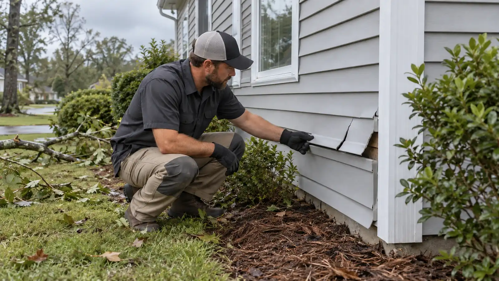 Contractor examining cracked and loose siding near a house corner with fallen branches nearby.