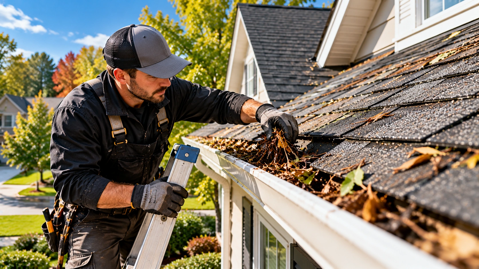 Roofer clearing storm debris from a residential roof and gutter