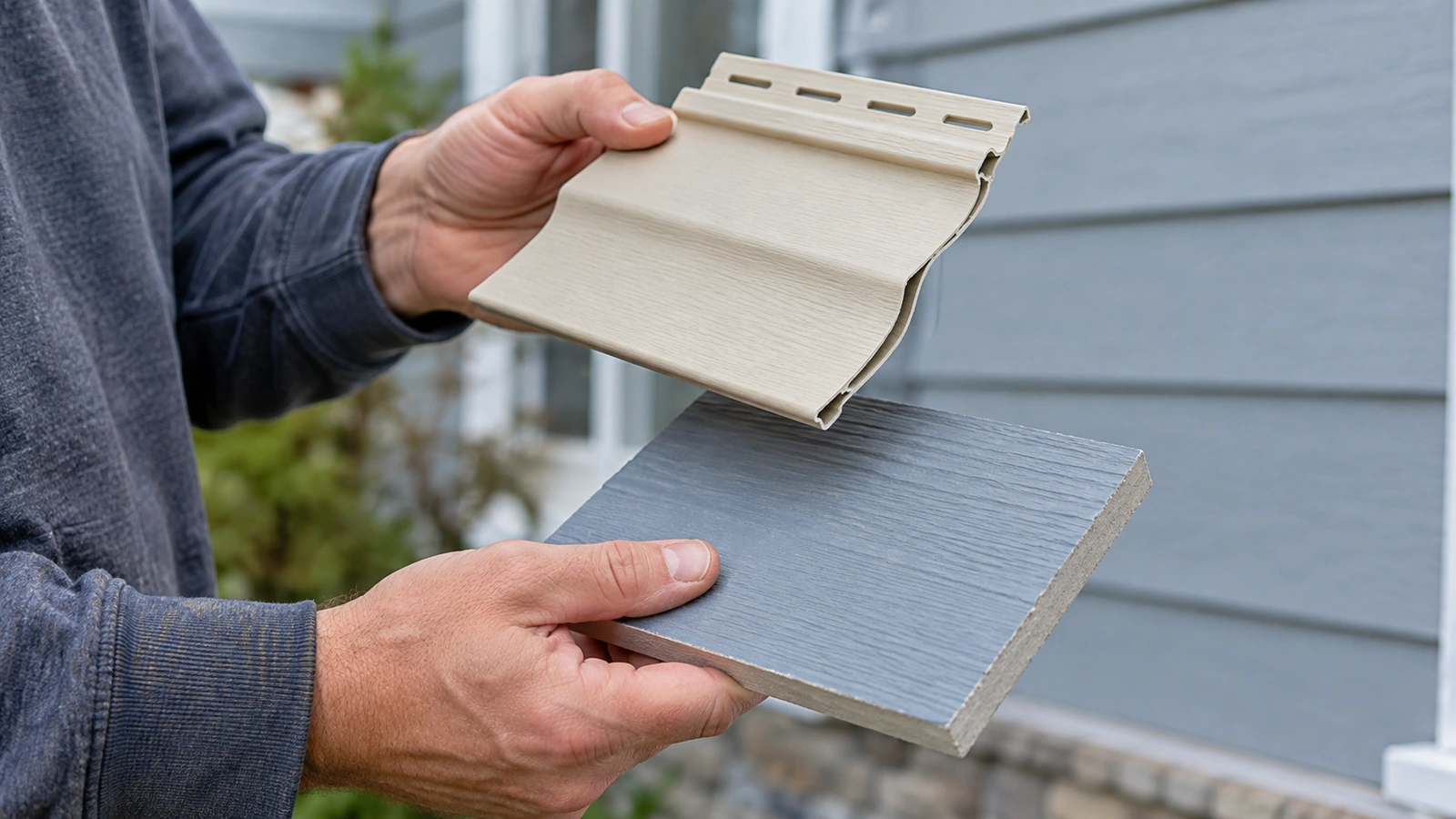 Hands comparing a beige vinyl siding sample with a blue gray fiber cement sample